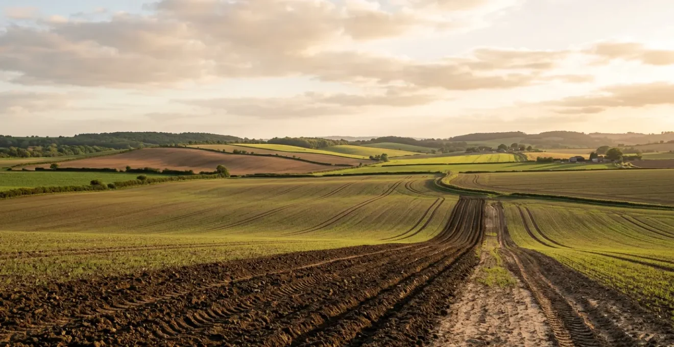 Professional agricultural scene showing sustainable nutrient management practices in nitrate vulnerable zones