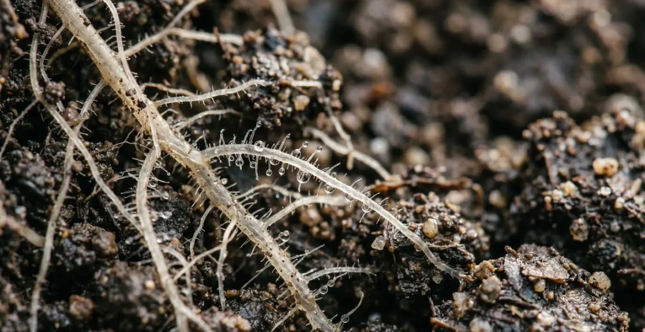 Close-up of plant roots releasing sugary exudates into rich soil with visible beneficial microorganisms