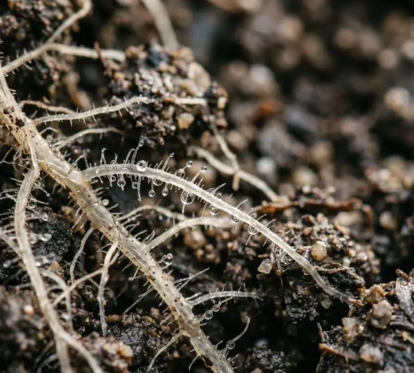 Close-up of plant roots releasing sugary exudates into rich soil with visible beneficial microorganisms