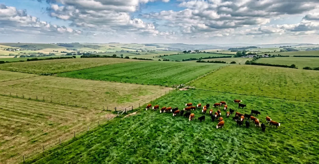 Aerial perspective of divided pasture paddocks with cattle grazing, showcasing sustainable rotational grazing system for maximized yields