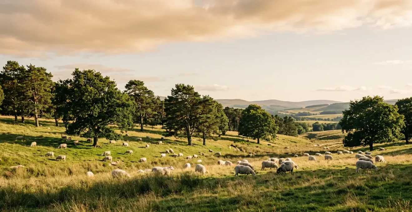 Pastoral landscape showing sheep grazing peacefully among established trees in a silvopasture system with natural shelter