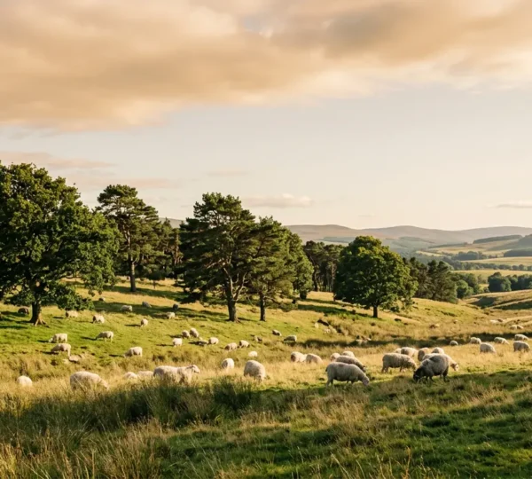 Pastoral landscape showing sheep grazing peacefully among established trees in a silvopasture system with natural shelter