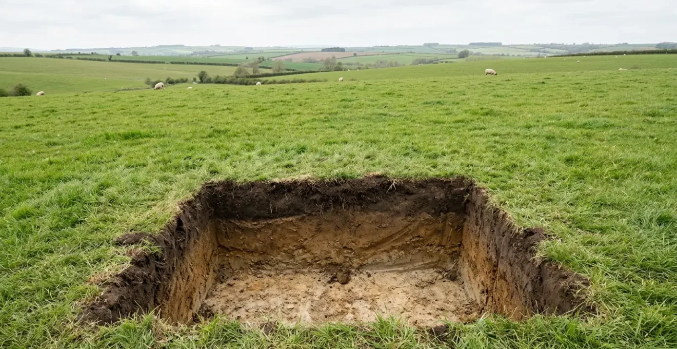 Agricultural soil profile examination showing distinct compaction layers in pasture management