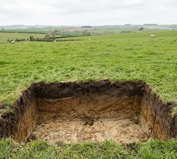 Agricultural soil profile examination showing distinct compaction layers in pasture management