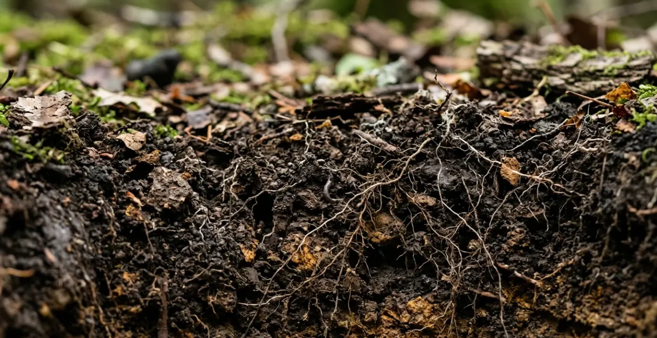 Close-up view of healthy living soil showing active biological processes and soil fauna habitat