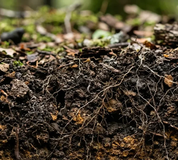 Close-up view of healthy living soil showing active biological processes and soil fauna habitat
