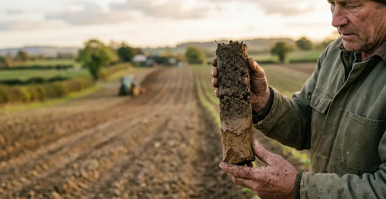 Agricultural soil porosity testing procedure showing hands examining soil structure in cultivated farmland