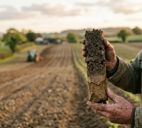 Agricultural soil porosity testing procedure showing hands examining soil structure in cultivated farmland
