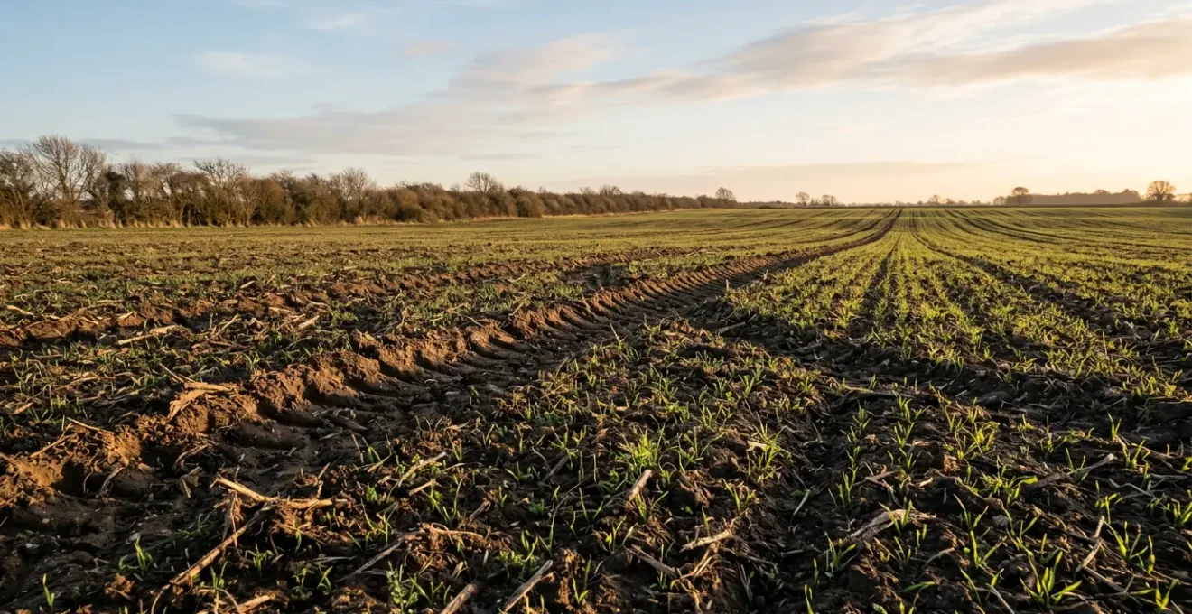 Agricultural field after root crop harvest showing soil biomass recovery process