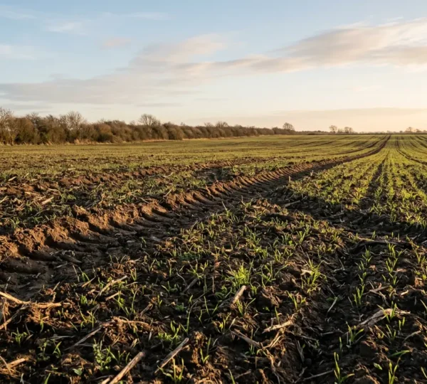 Agricultural field after root crop harvest showing soil biomass recovery process