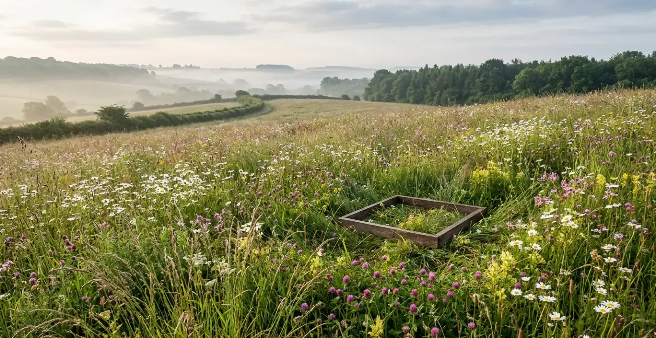 Ecologist conducting biodiversity survey in species-rich meadow with survey tools