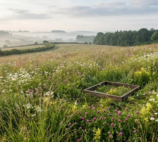 Ecologist conducting biodiversity survey in species-rich meadow with survey tools