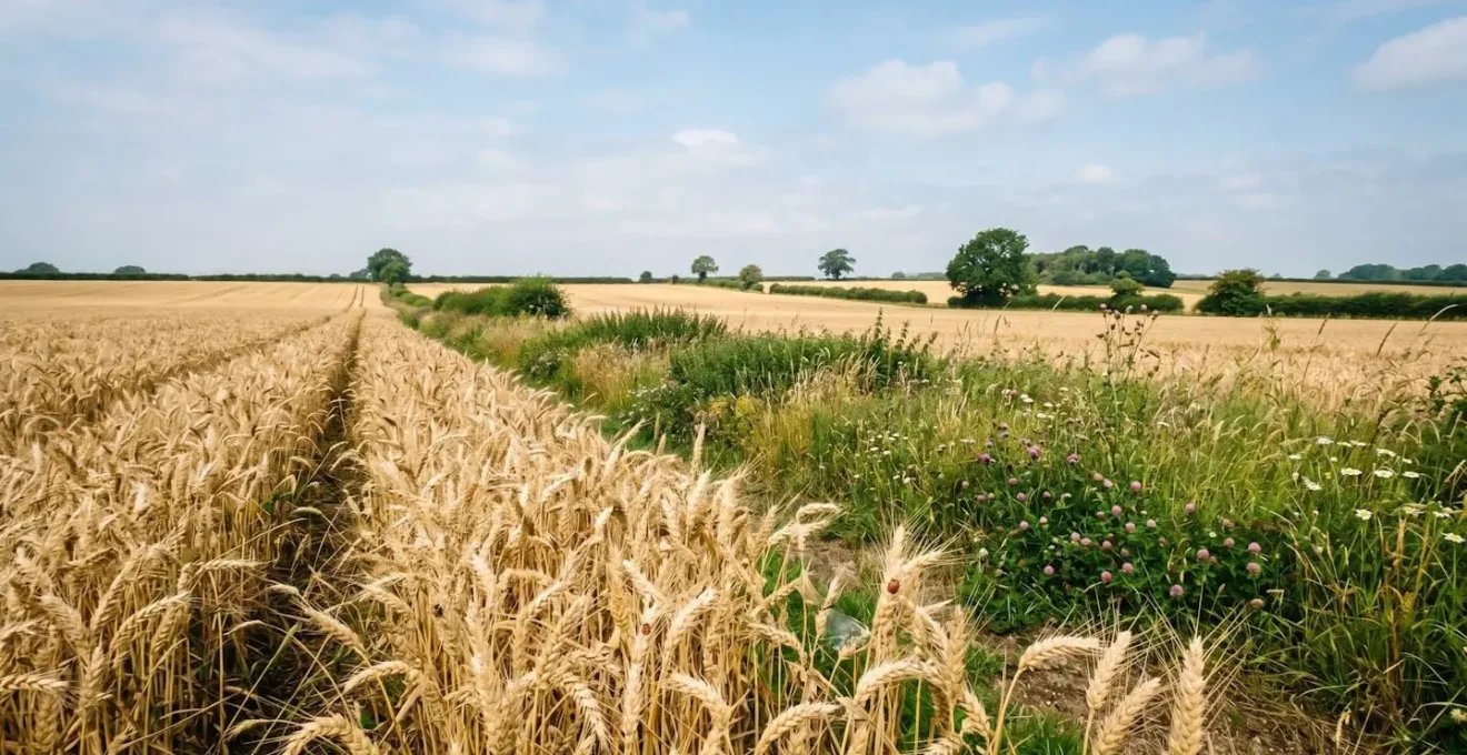 Wide agricultural landscape showing cereal crop with diverse field margins and beneficial insects creating natural pest control network