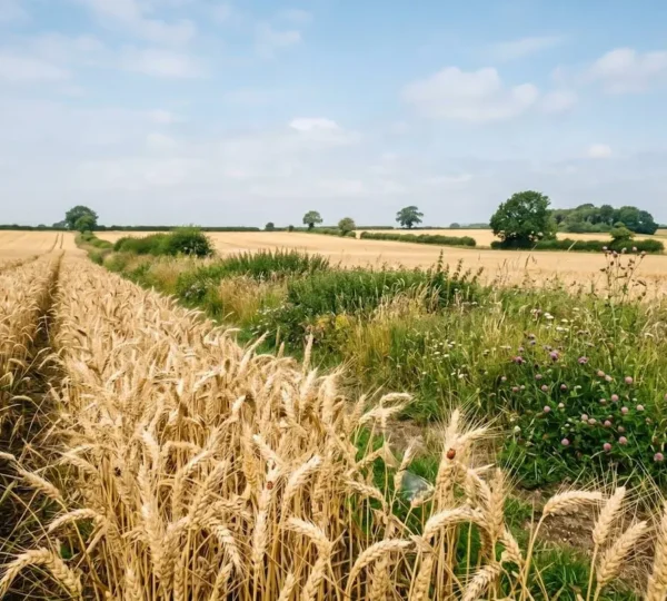Wide agricultural landscape showing cereal crop with diverse field margins and beneficial insects creating natural pest control network