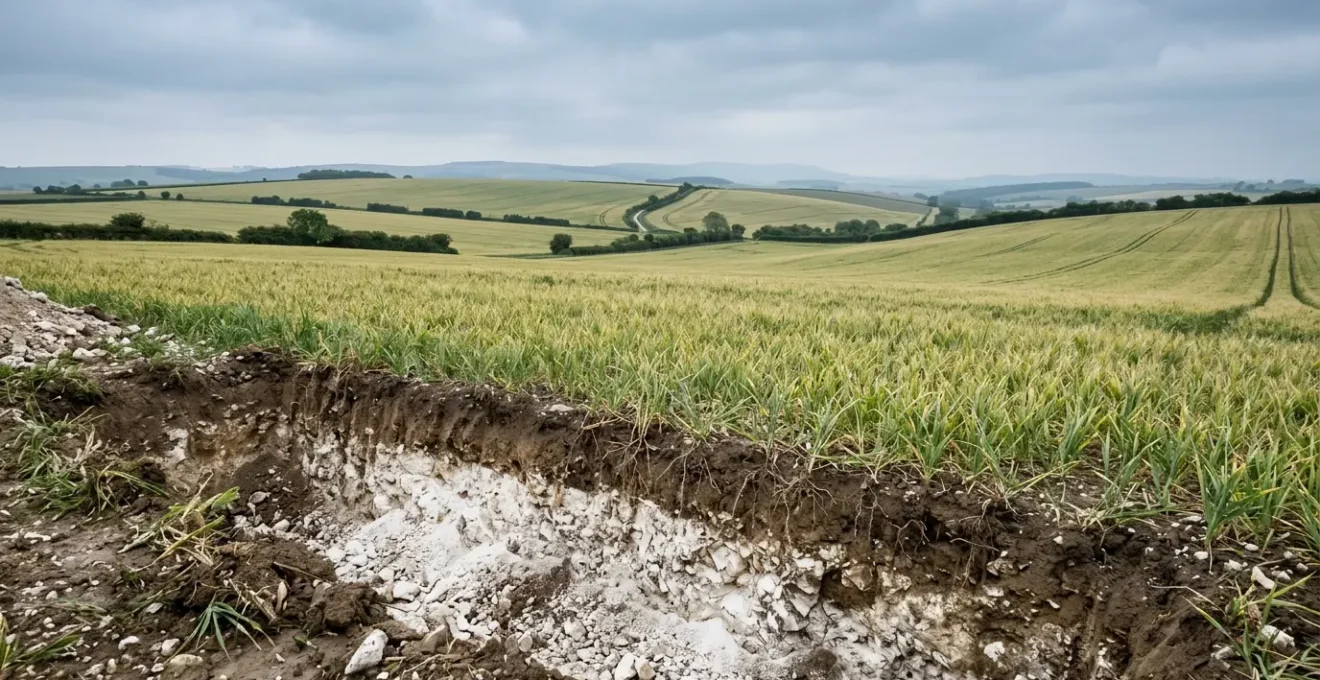 Agricultural chalk soil profile showing white calcium carbonate layers with crop roots struggling to access nutrients in UK farmland