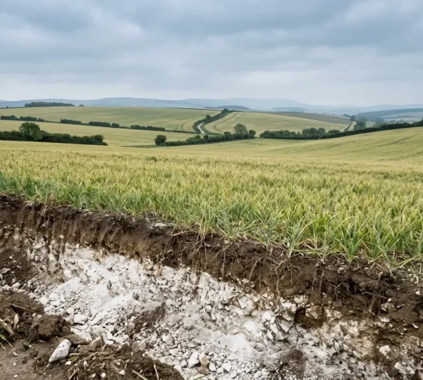 Agricultural chalk soil profile showing white calcium carbonate layers with crop roots struggling to access nutrients in UK farmland