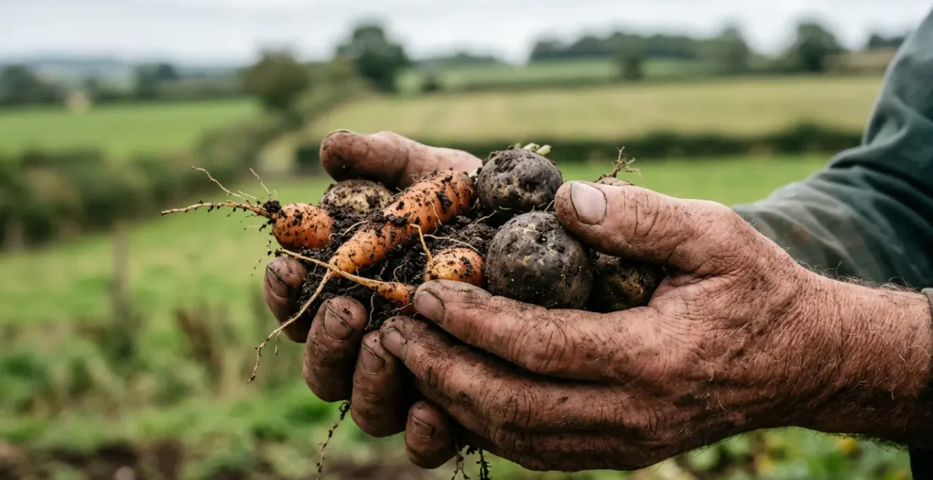 Hands holding freshly harvested root vegetables with rich soil texture in an organic UK community farm setting