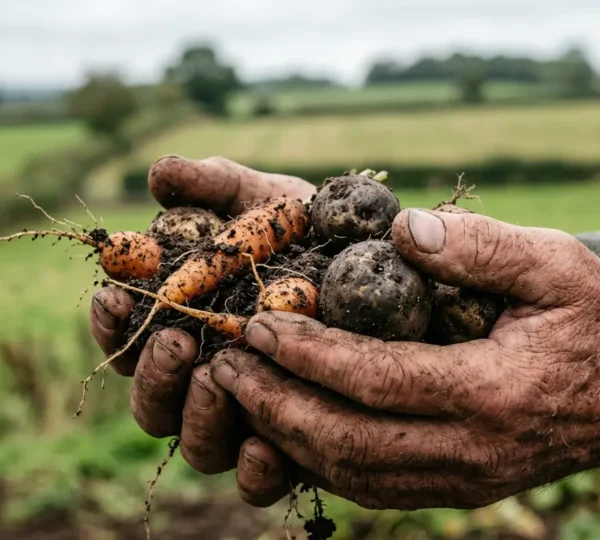 Hands holding freshly harvested root vegetables with rich soil texture in an organic UK community farm setting