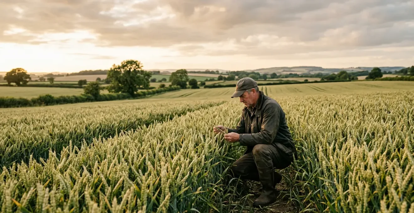 UK farmer monitoring crop health in cereal field with hand lens examining beneficial insects and pest populations for integrated pest management decisions