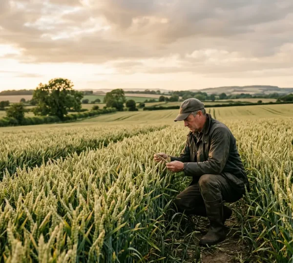 UK farmer monitoring crop health in cereal field with hand lens examining beneficial insects and pest populations for integrated pest management decisions