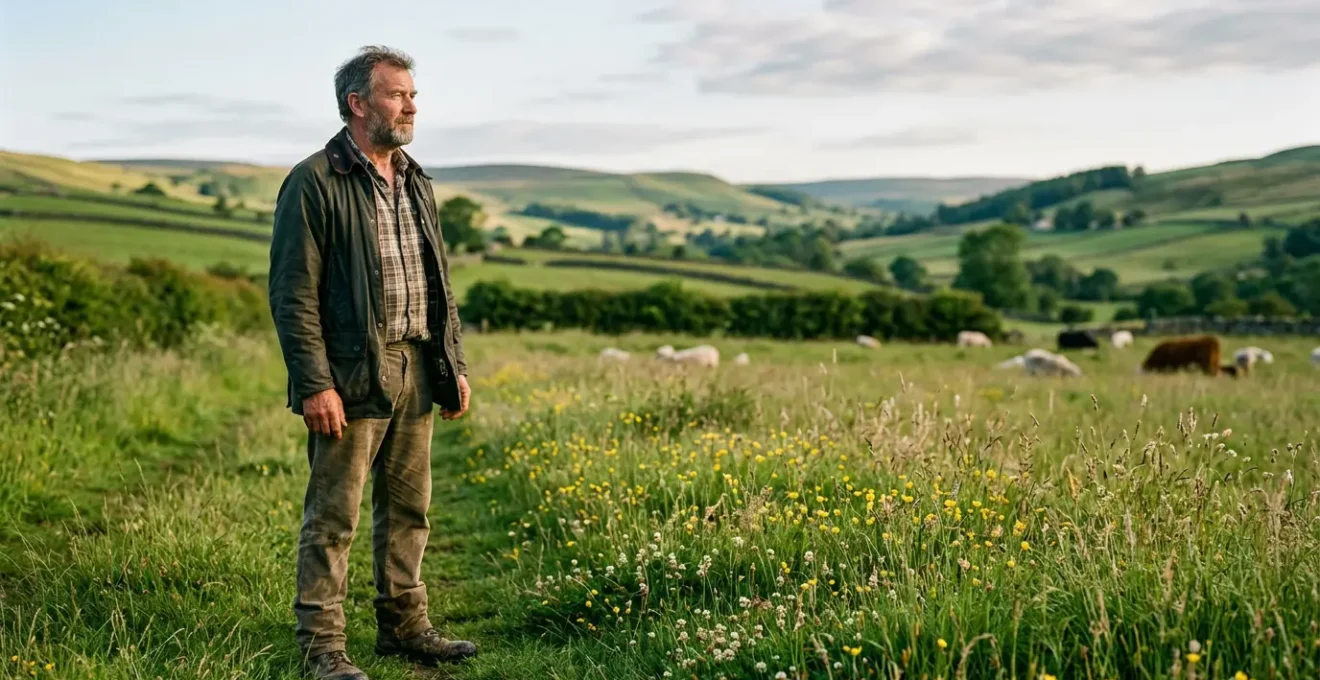 UK farmer standing confidently in lush regenerative pasture with diverse wildflowers and healthy grazing livestock under natural light