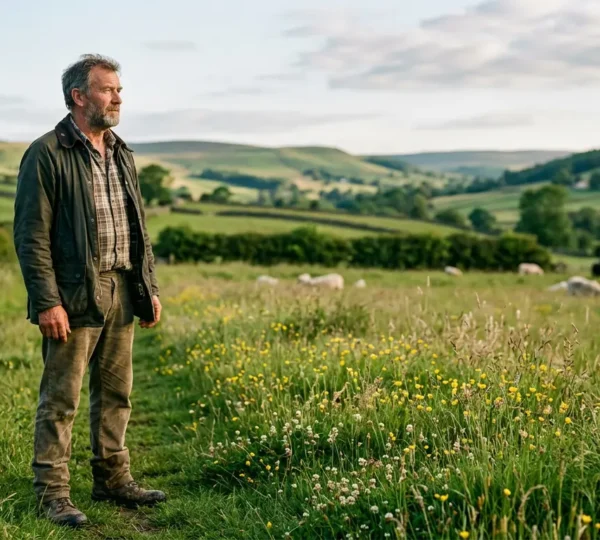UK farmer standing confidently in lush regenerative pasture with diverse wildflowers and healthy grazing livestock under natural light