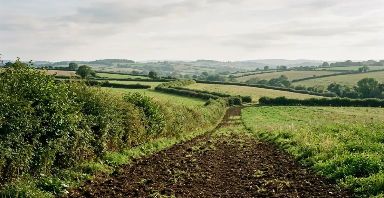 Rolling English farmland with well-managed hedgerows under natural light, emphasizing soil health and carbon storage potential