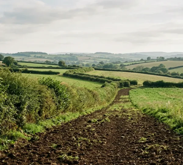 Rolling English farmland with well-managed hedgerows under natural light, emphasizing soil health and carbon storage potential