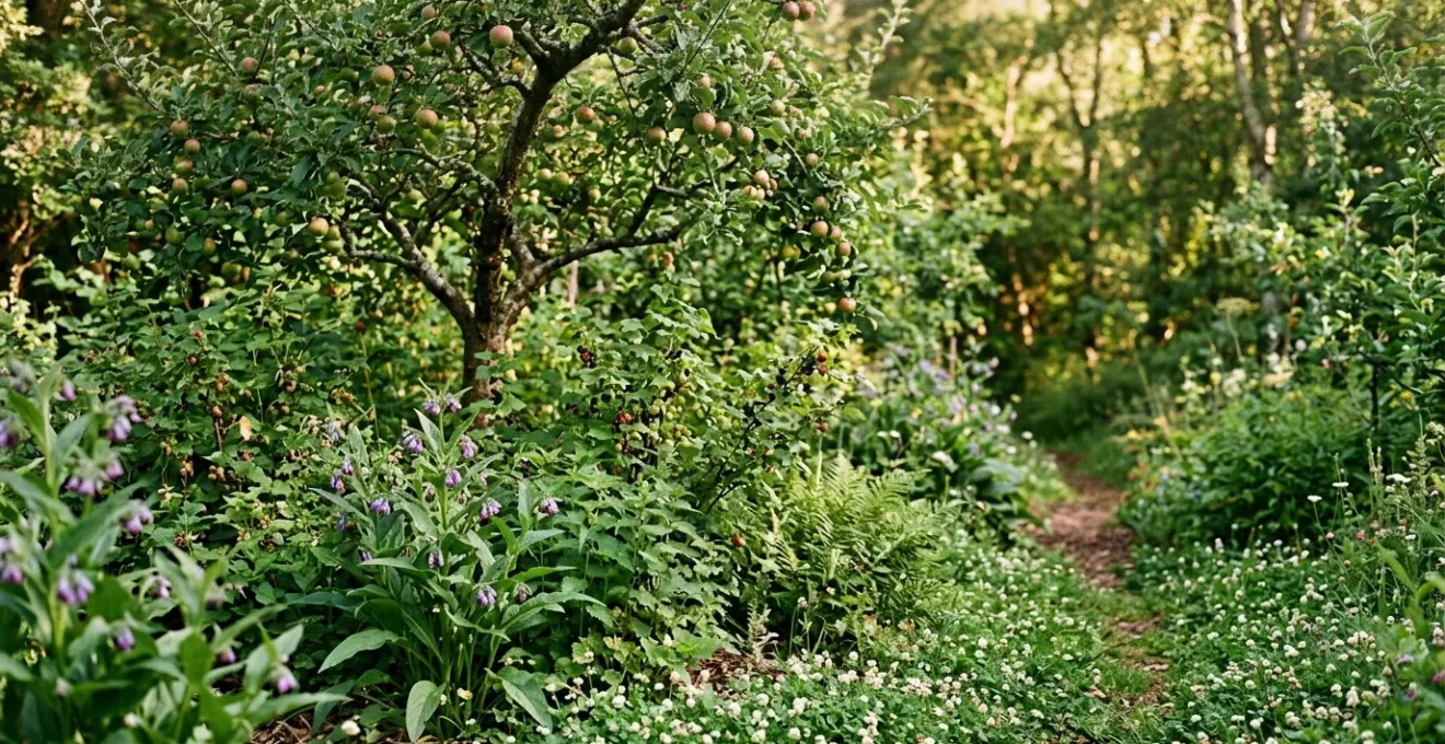 Multi-layered UK forest garden with productive polyculture guild showing diverse plant species arranged in vertical layers