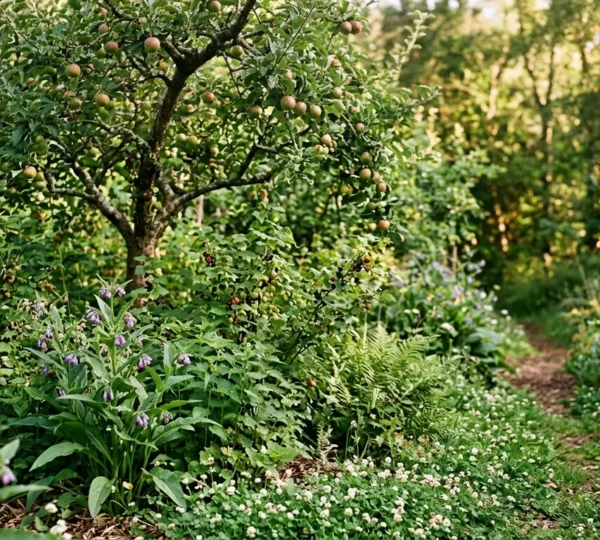 Multi-layered UK forest garden with productive polyculture guild showing diverse plant species arranged in vertical layers