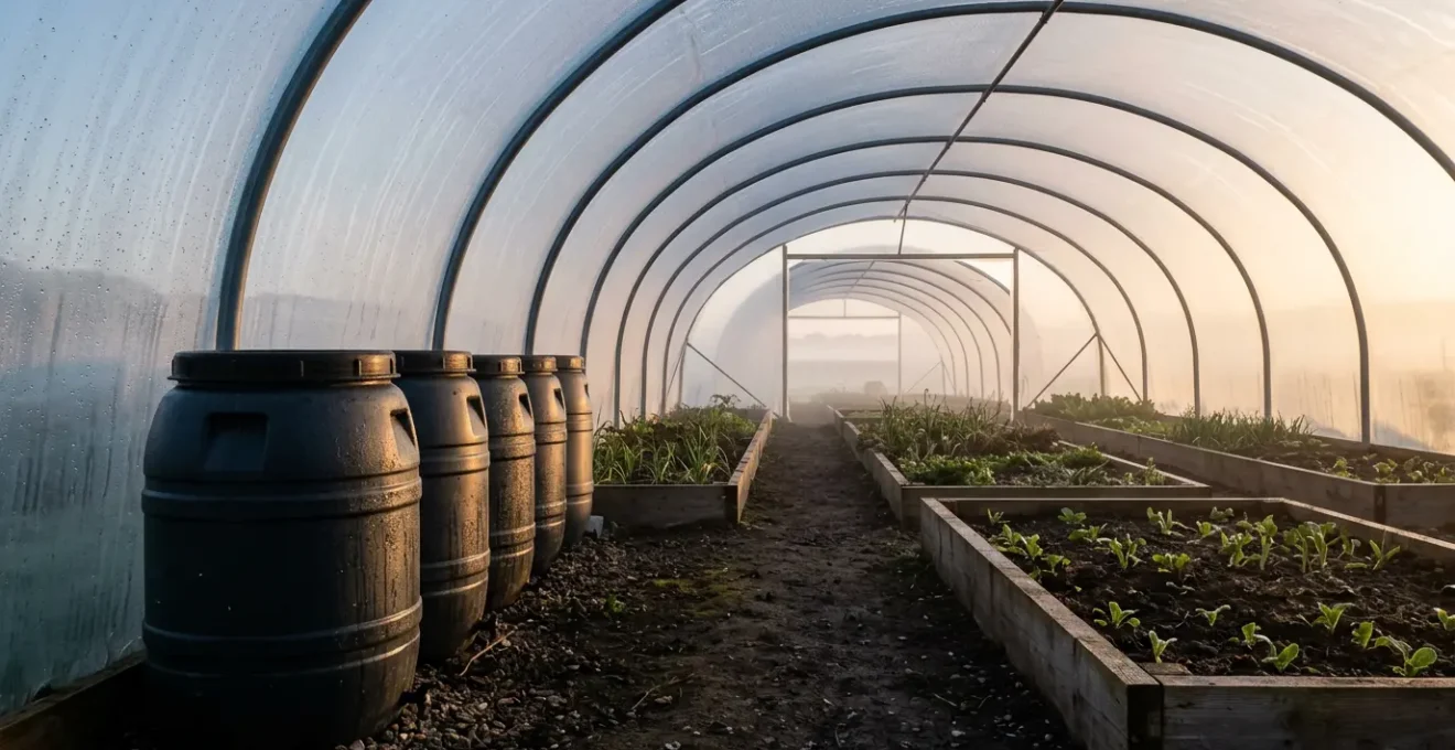 A UK polytunnel in early spring with thermal mass elements creating warmer growing conditions