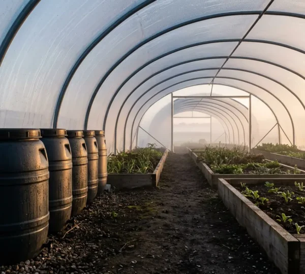 A UK polytunnel in early spring with thermal mass elements creating warmer growing conditions