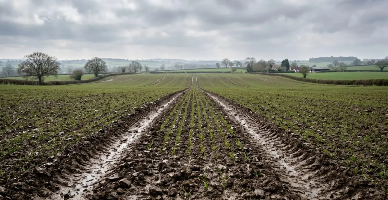 Wide shot of UK agricultural field in early spring with visible soil texture and emerging crop rows under soft overcast light