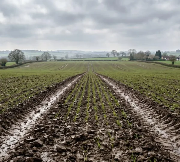Wide shot of UK agricultural field in early spring with visible soil texture and emerging crop rows under soft overcast light