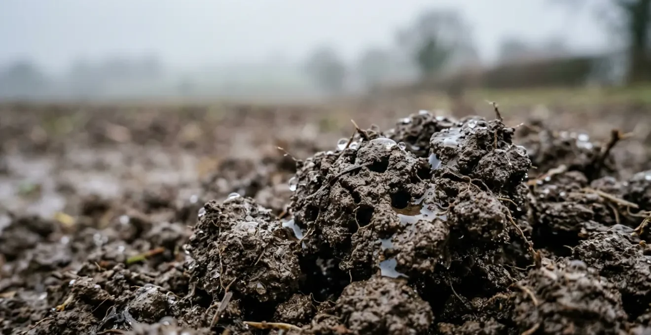 Close-up view of healthy aggregated topsoil structure during wet UK winter conditions