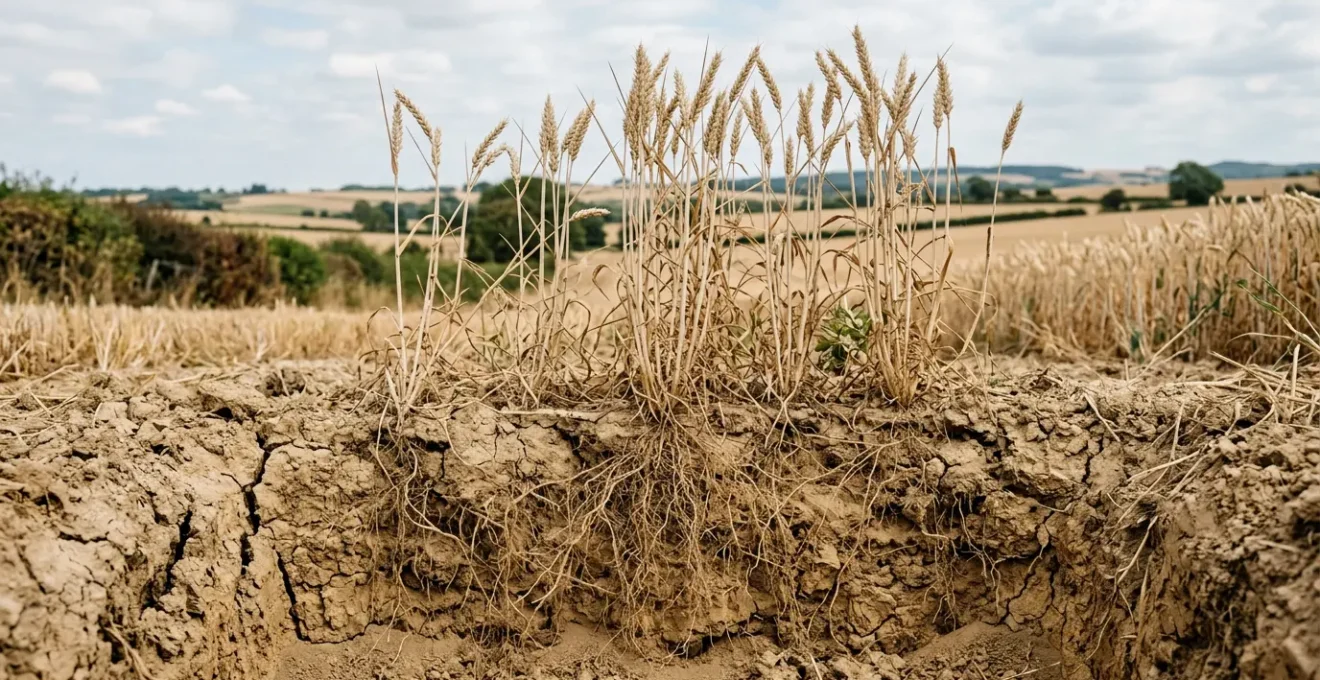 Close-up view of wheat roots penetrating dry UK soil showing biological pathways and soil structure