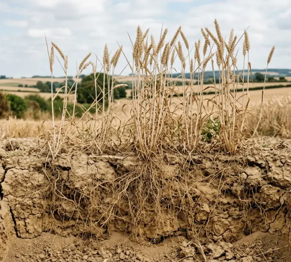 Close-up view of wheat roots penetrating dry UK soil showing biological pathways and soil structure