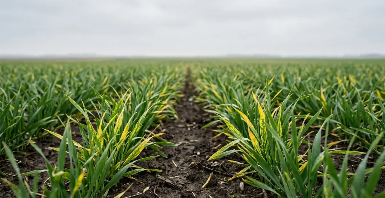 Close-up of winter wheat leaves showing yellow chlorosis patterns against healthy green foliage in natural field conditions