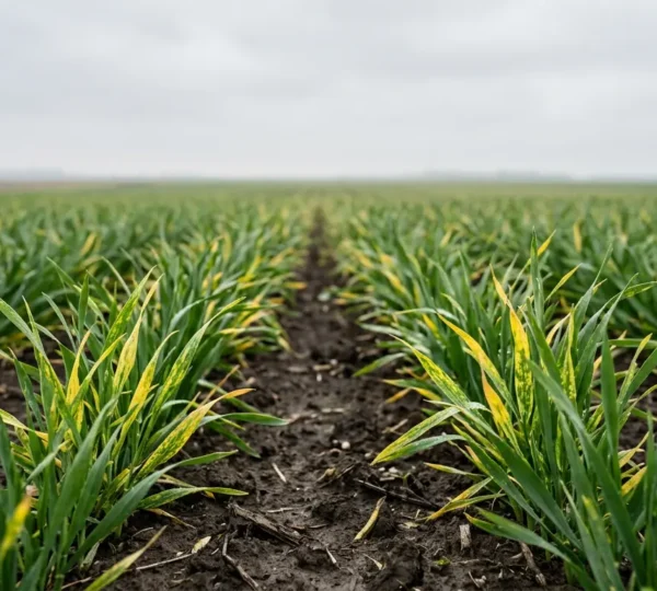 Close-up of winter wheat leaves showing yellow chlorosis patterns against healthy green foliage in natural field conditions