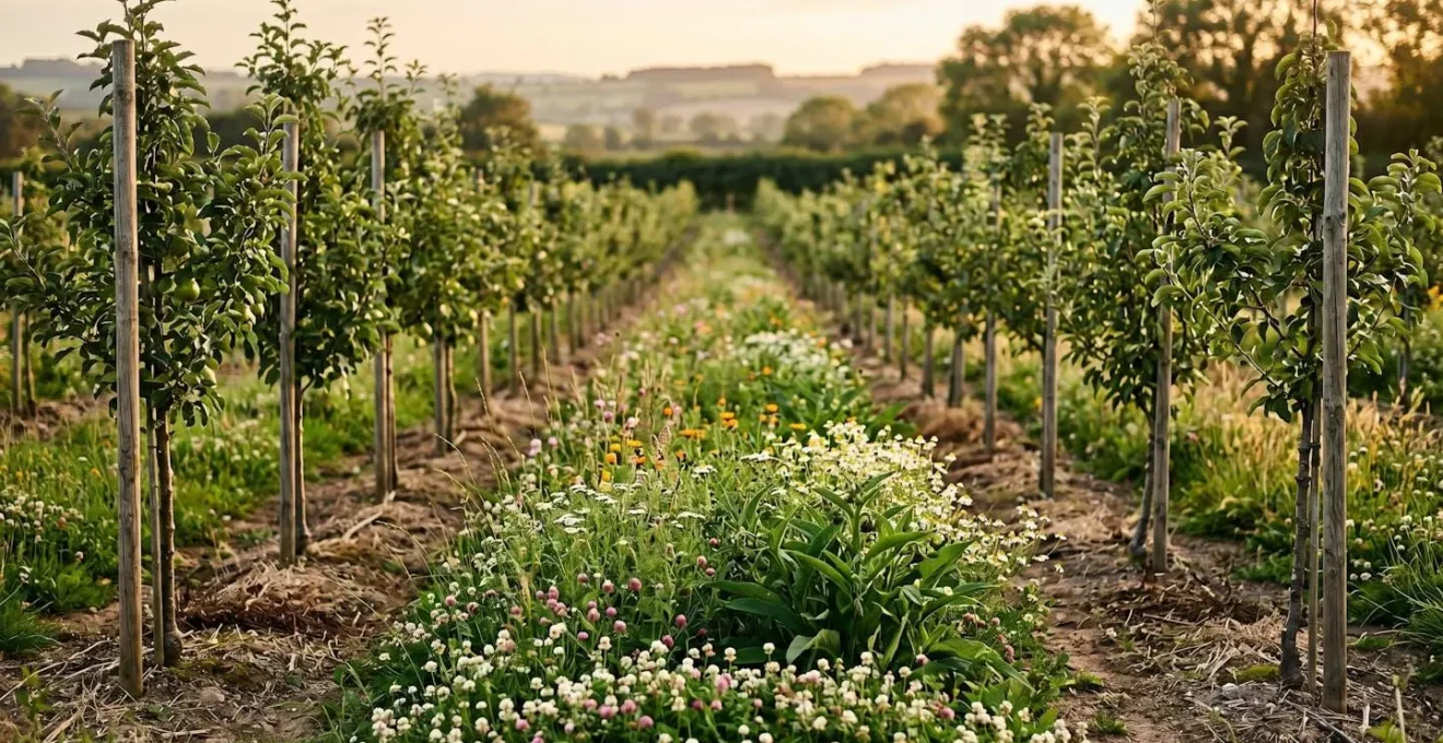 Wide view of alley cropping system showing structured fruit tree rows with diverse polyculture strips planted between them