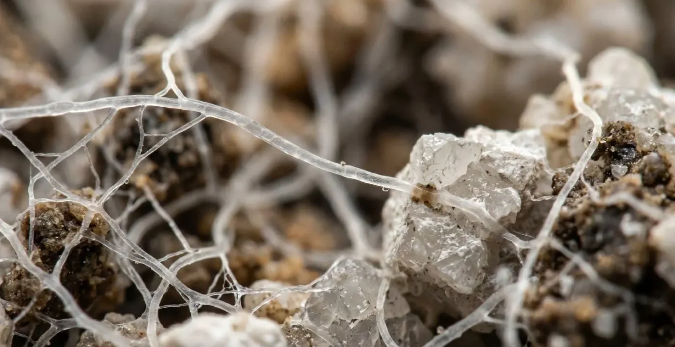 Extreme macro view of mycorrhizal fungal hyphae network penetrating calcium phosphate particles in chalk soil structure