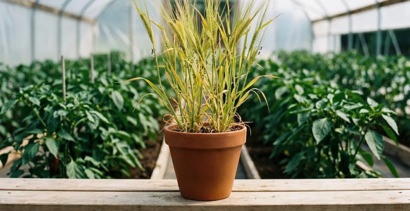 Banker plant pot with barley supporting predator populations positioned among commercial greenhouse crops