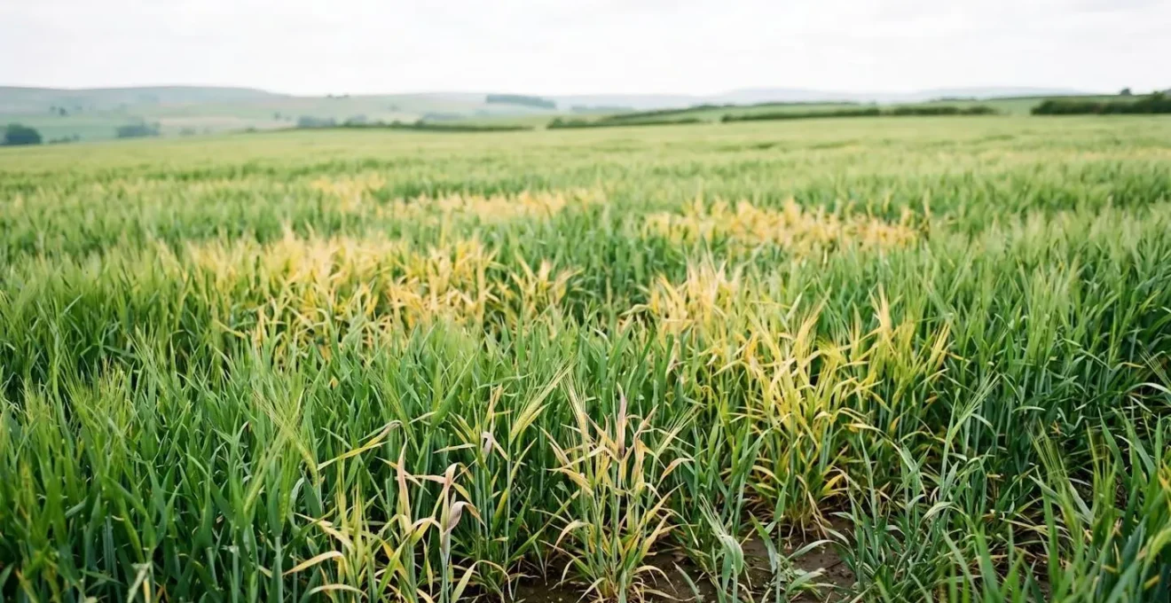 Wide-angle photograph of a cereal field showing random patches of yellowed stunted plants among healthy green crop indicating a viral infection pattern