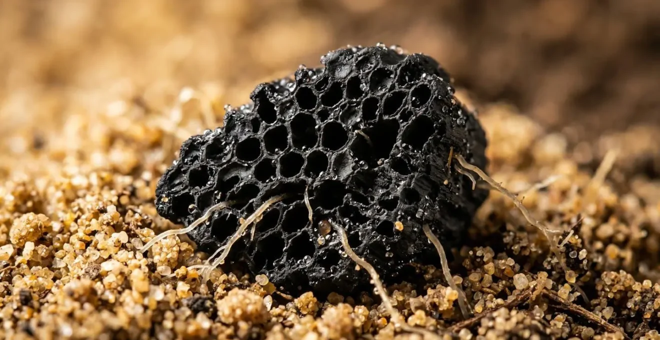 Microscopic view of biochar porous structure saturated with beneficial microbes and nutrients in sandy soil matrix