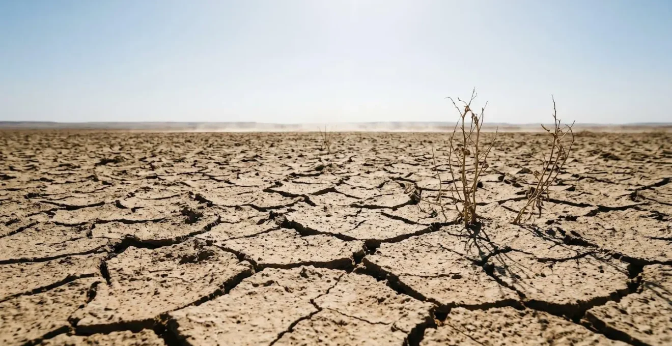 Environmental wide shot showing bare sandy soil surface under intense sunlight with heat shimmer effect illustrating moisture evaporation
