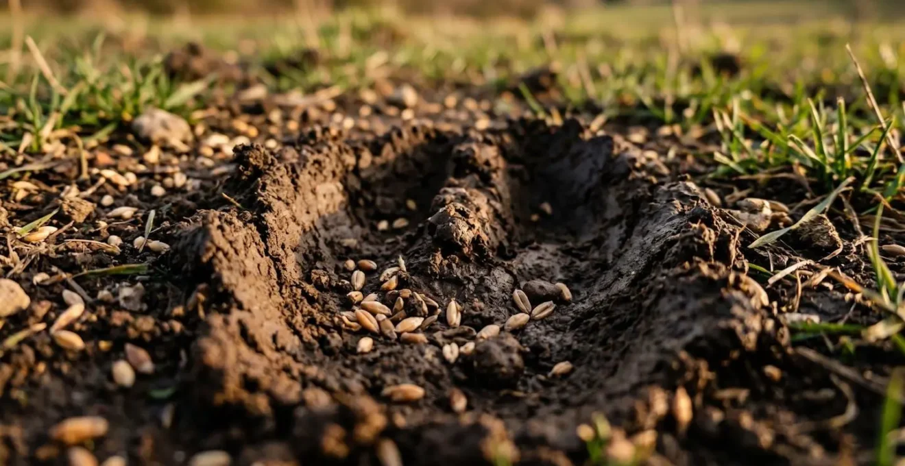 Detailed ground-level view of fresh cattle hoof imprint in moist soil showing seed incorporation and soil-seed contact in pasture renovation