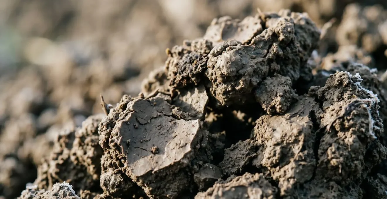 Macro view of heavy clay soil particles demonstrating improved structure and drainage channels characteristic of UK clay soils