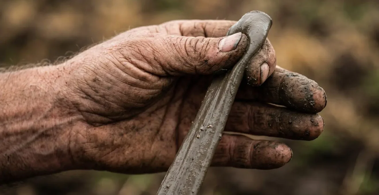 Close-up of farmer's hands performing soil ribbon test on wet heavy clay showing characteristic smoothness and plasticity