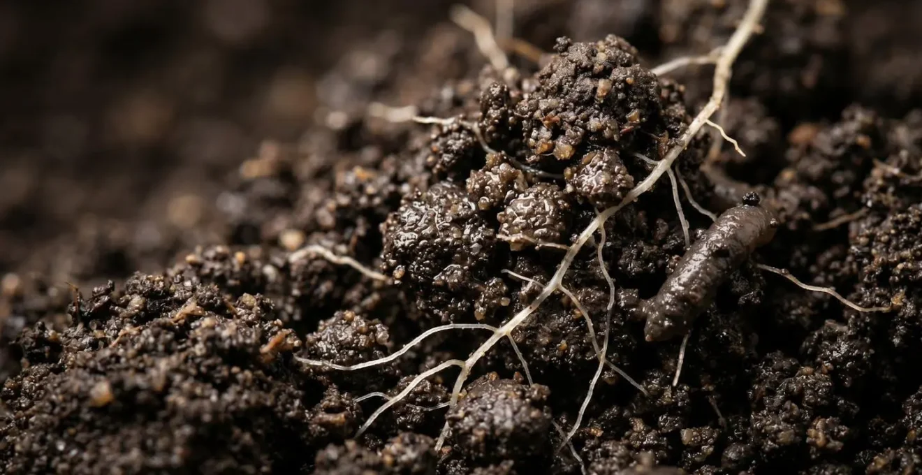 Close-up view of healthy arable soil showing rich organic matter, earthworm activity, and plant root systems