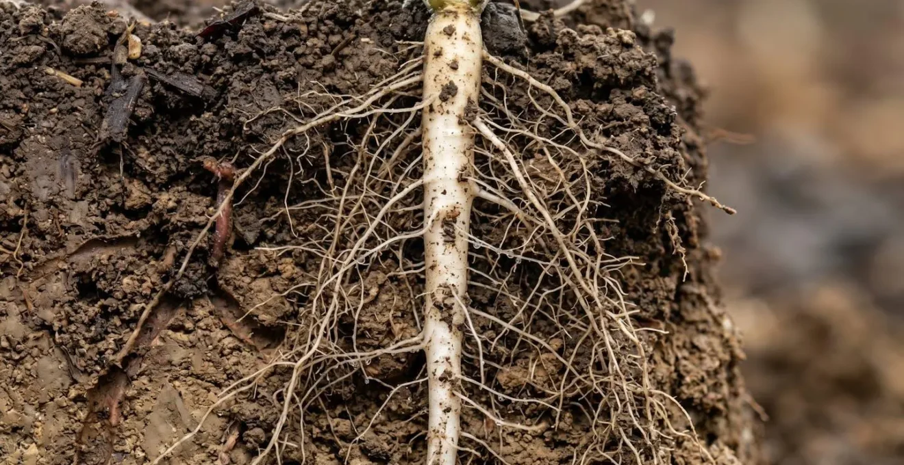 Intimate macro view of diverse cover crop root structures penetrating through layered UK soil profile showing fibrous and tap root systems
